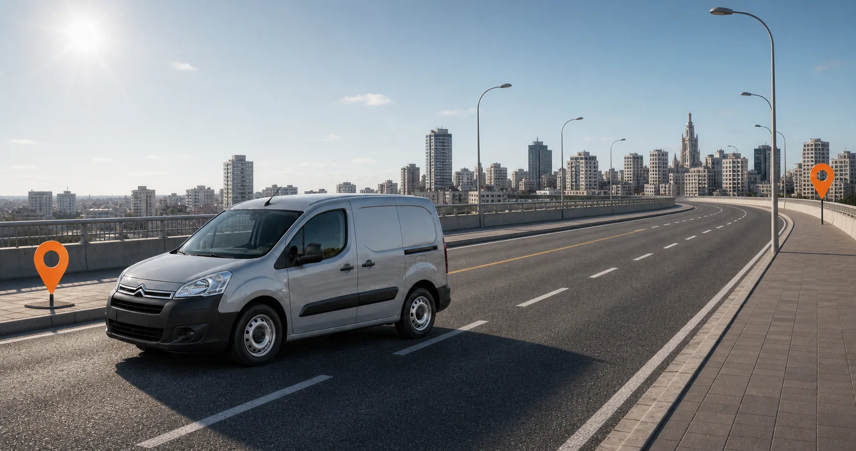 Imagen ilustrativa de una camioneta de encomiendas en un recorrido urbano junto a la rambla.